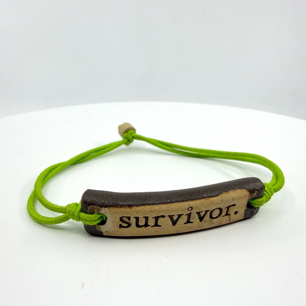 Green Cord Survivor Bracelet Ceramic Bar Boho Inspirational Handmade Jewelry